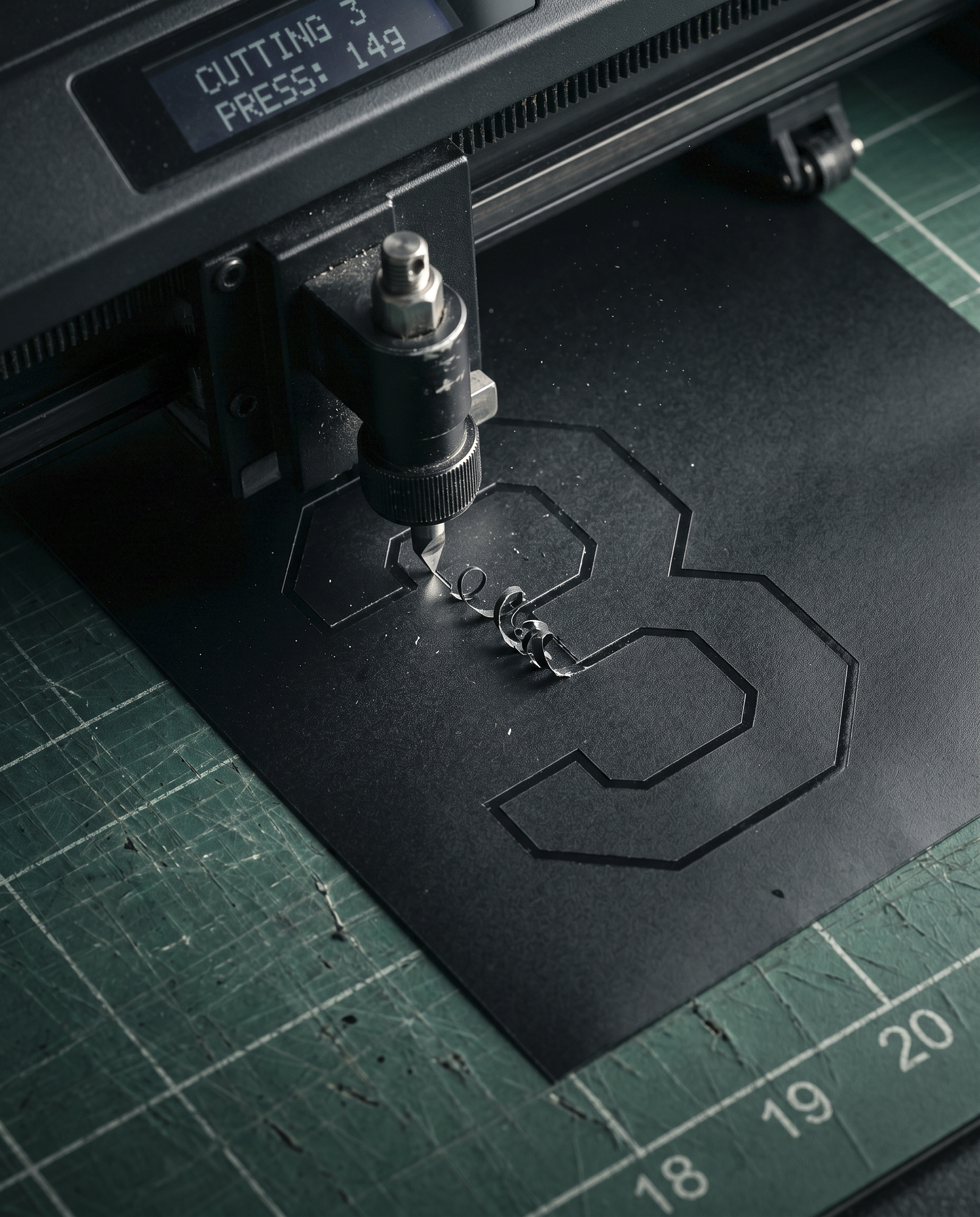 Schneideplotter mit Flexfolie — Detailaufnahme des Schneidvorgangs